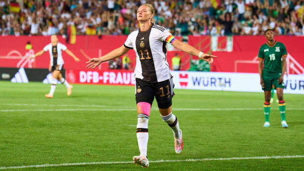 Germany's Alexandra Popp celebrates her goal in a friendly against Zambia.